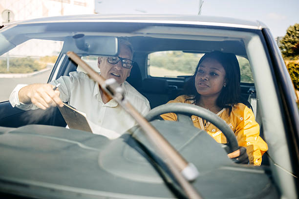 istock Young woman taking driving lessons with her instructor who is showing windshield wiper function 2215000884