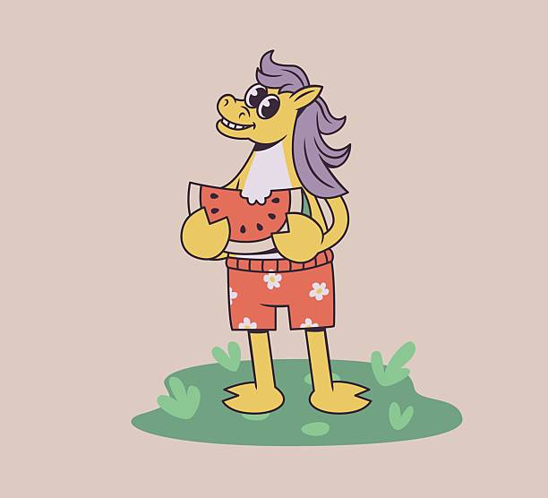 Cartoon horse in floral swim trunks and sunglasses holding watermelon slice on grass. Character illustration in retro style. Rubber hose style, retro groovy mascot.