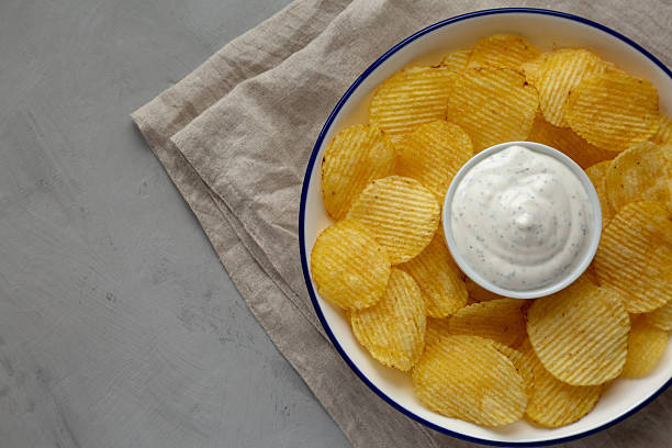 istock Tasty Potato Chips and Dip Appetizer on a gray background, top view. Space for text. 2215003892