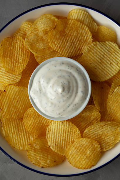 istock Tasty Potato Chips and Dip Appetizer on a gray background, top view. Flat lay, overhead, from above. Close-up. 2215003937