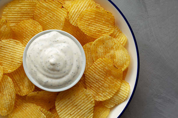 istock Tasty Potato Chips and Dip Appetizer on a gray background, top view. Flat lay, overhead, from above. 2215003961