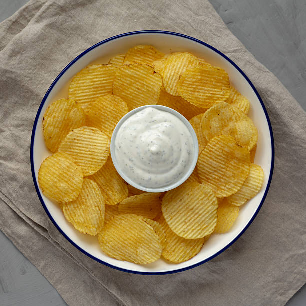 istock Tasty Potato Chips and Dip Appetizer on a gray background, top view. Flat lay, overhead, from above. 2215004003