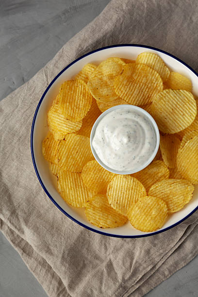istock Tasty Potato Chips and Dip Appetizer on a gray background, top view. Flat lay, overhead, from above. 2215004082