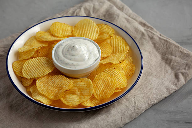 istock Tasty Potato Chips and Dip Appetizer on a gray background, side view. Copy space. 2215004100