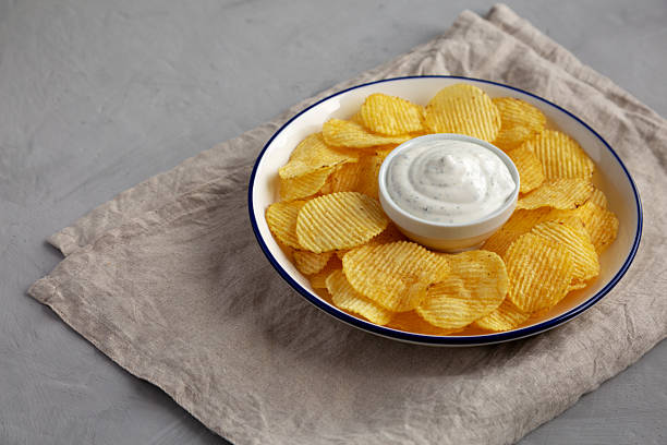 istock Tasty Potato Chips and Dip Appetizer on a gray background, side view. Copy space. 2215004110