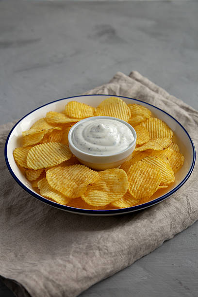 istock Tasty Potato Chips and Dip Appetizer on a gray background, side view. 2215004178