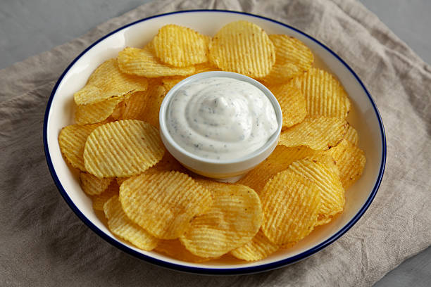 istock Tasty Potato Chips and Dip Appetizer on a gray background, side view. 2215004193