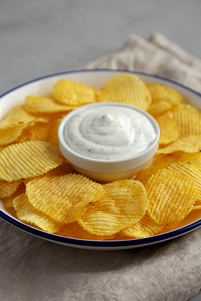 istock Tasty Potato Chips and Dip Appetizer on a gray background, side view. 2215004212