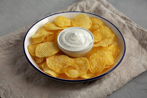 istock Tasty Potato Chips and Dip Appetizer on a gray background 2215004239