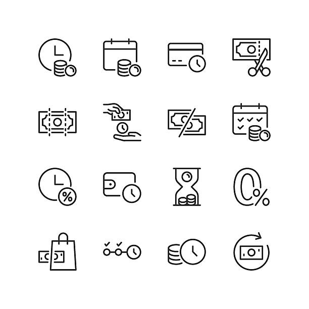 ilustraciones, imágenes clip art, dibujos animados e iconos de stock de pay later, conjunto de iconos de estilo lineal. pagos diferidos, planes de cuotas, programación financiera y transacciones en línea. ancho de trazo editable - instalar