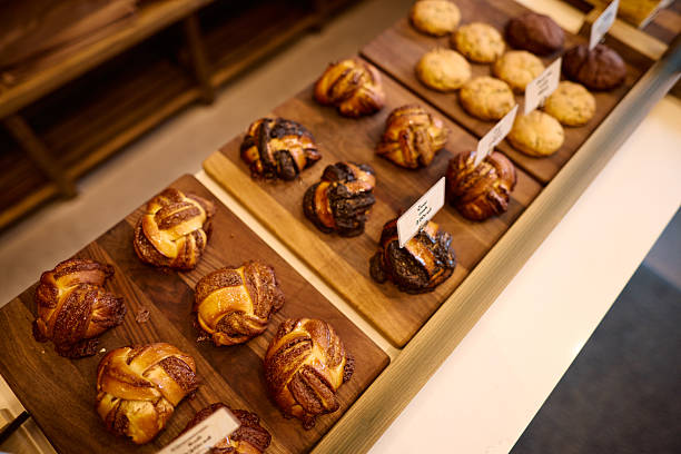 Display of delicious chocolate and cinnamon pastries in a bakery