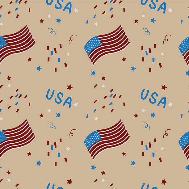 istock Happy 4th July America Independence Day seamless repeating pattern. Cartoon background with American flag, serpentine inscription USA. Design for holiday, greetings, banner. Flat vector illustration 2215009591