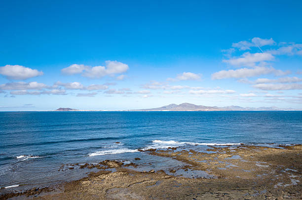 Island Lanzarote, Canary Islands, Spain, Europe.  Island Lanzarote seen from Island Isla de Lobos.