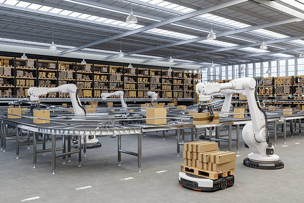 istock Distribution Warehouse With Automated Guided Vehicles And Robots Working On Conveyor Belt 2215022622