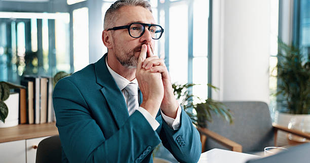 istock Mature businessman, vision or thinking in office for problem solving, investment idea or opportunity. Reflection, corporate manager or financial decision, planning or mindset for professional insight 2215035122