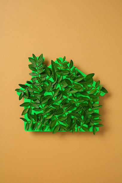 istock Green leaf house on beige background: sustainable home concept. 2215035162