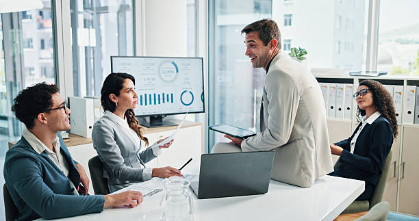 istock Screen, meeting or business people with accountant or charts for tablet, data analysis or capital growth. Manager, budget graphs or financial advisors planning with directors, monitor or documents 2215036092