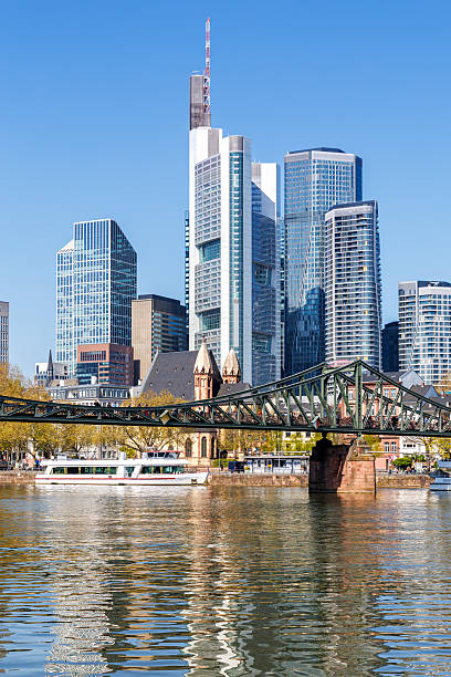 istock Frankfurt skyline skyscrapers with banks on River Main with excursion boats portrait format in Frankfurt, Germany 2215036507