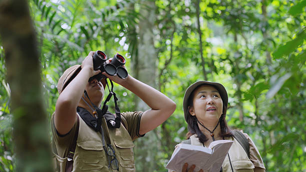 istock Asian Family Birdwatching with Binoculars and Guidebook – Front View 2215037655