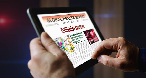 Civilization diseases health care newspaper on mobile tablet screen