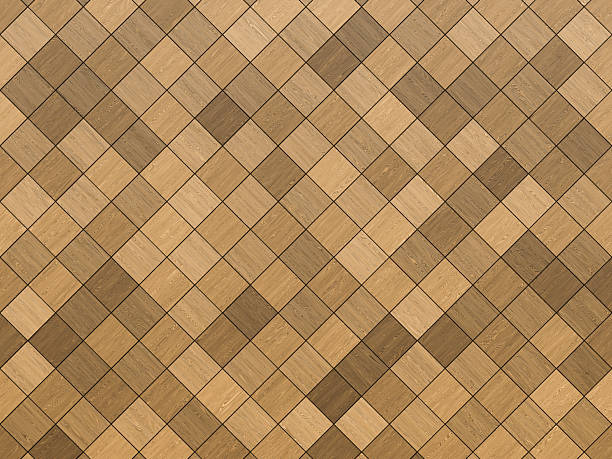 Rustic wood flooring with brown and light tones arranged in a stylish herringbone.