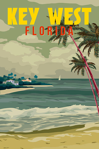Retro Poster Key West Florida Beach. Palm on the beach, coast, surf, ocean. Vector illustration vintage style isolated