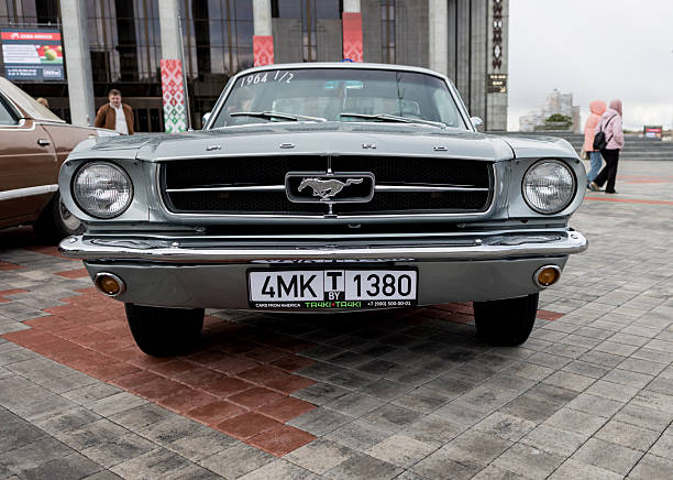 Minsk, Belarus, May 14, 2025 -  Classic retro american muscle car Ford Mustang, front view