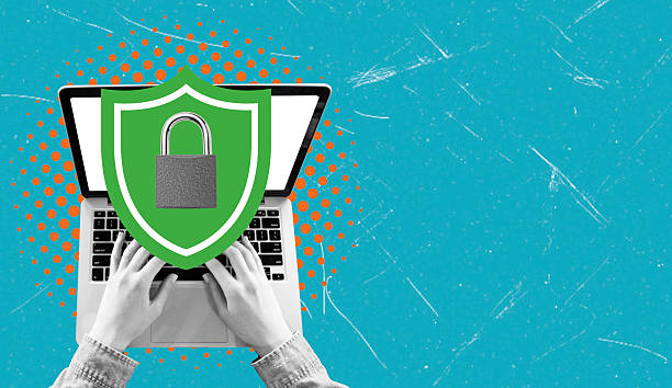 istock Modern art collage artwork depicting a man working on a laptop with a security sign. 2215048773