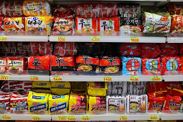 Ramen noodle instant packs choice in a grocery store in Seoul, South Korea.