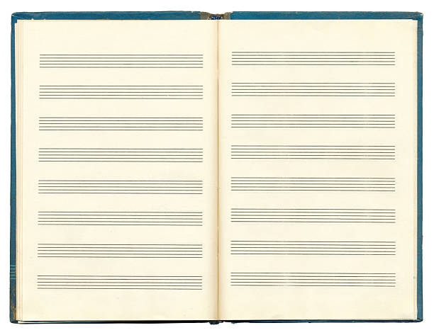 Opened blank pages of musical notes in a music notebook. Five-line staff without a key. Vintage music note pages. Music notation elements for design.