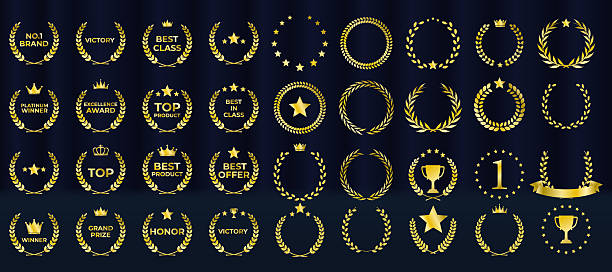 Set includes best price, choice, and seller designs. Vector icons ideal for cinema festivals and events. Award logo suits branding, marketing, or recognition labels. Premium gold foliage crown symbol