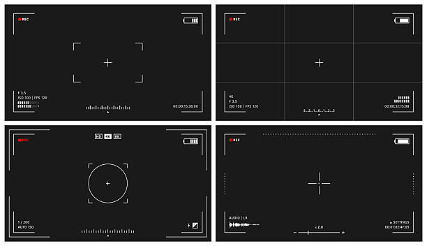 stockillustraties, clipart, cartoons en iconen met camera viewfinder overlay collection. video camera viewfinder on a black background. video camera viewfinder display frame with indicators for recording video and photos - camera