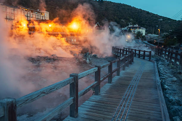 istock Walkway by mount Unzen Hell valley Jigoku with sulfur at night 2215059416