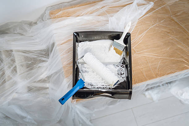 istock Paint roller and white brush with white paint into a black paint tray 2215059662