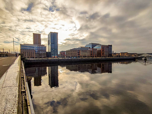 traditional modern buildings by clyde river at glasgow  in Scotland England