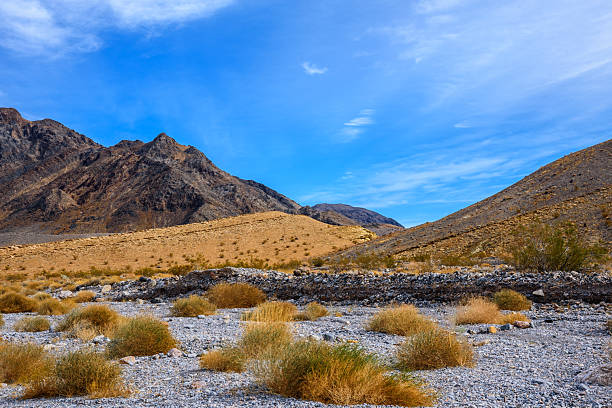 Looking across the entrance to Hole in the Wall Canyon, layers of golden sedimentary rock rise against the rugged peaks beyond. Shaped by ancient seas, earthquakes, and floods, this wild landscape reveals the raw geological history that makes Death Valley so extraordinary.  Hole in the Wall Canyon is in Death Valley National Park near Furnace Creek, California, USA.