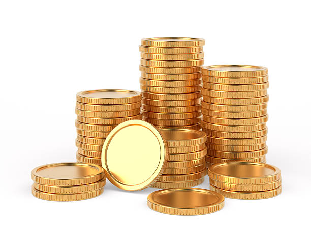 Golden coins on white background. Isolated 3D illustration
