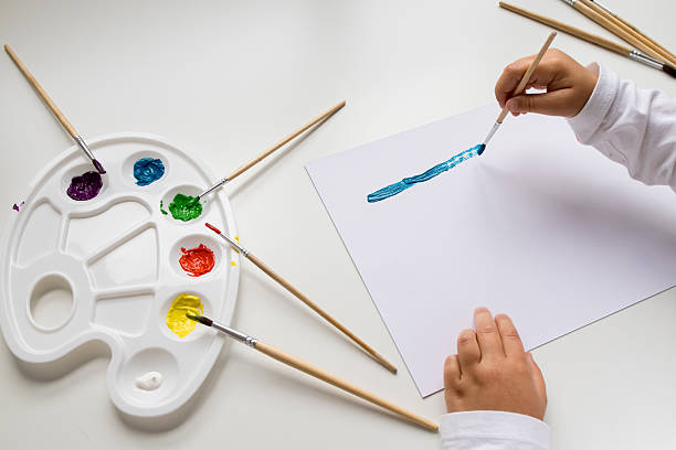 istock Child painting with brushes and color palette on white surface 2215071251