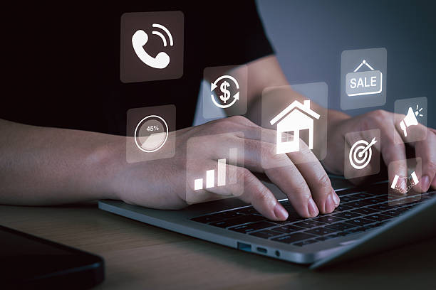 istock Broker House. customer people hand working on laptop computer with virtual financial icon diagram, real estate agent, buy house, business finance, digital marketing, network technology concept 2215071596