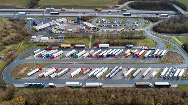 Aerial view of a motorway highway truck rest area