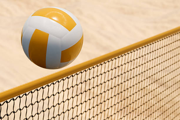 istock Volleyball game scene with a ball crossing the net. 3d rendering 2215075737