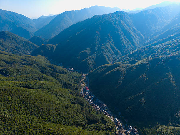 Panoramic aerial shot capturing lush greenery and mountain ranges, ideal for nature-themed projects or environmental studies.