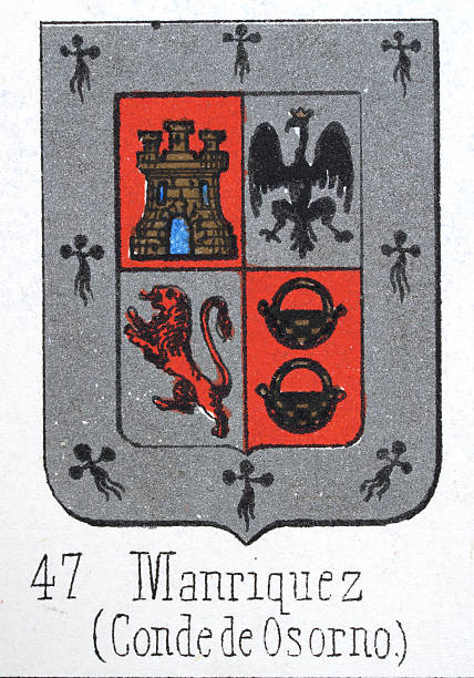 istock Medieval heraldry, Coat of arms, Shield with, Quartered, Red, lion, Silver, Castle, Eagle, Spanish, Vintage illustration 2215087306