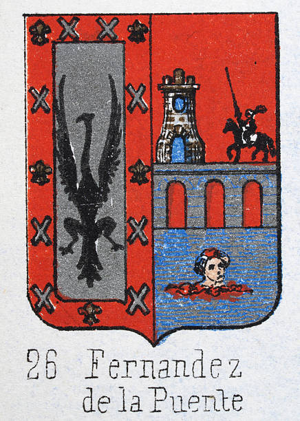 istock Medieval heraldry, Coat of arms, Shield with Black, Eagle, Spread, Wings, Knight, Castle, Spanish, Vintage illustration 2215088792