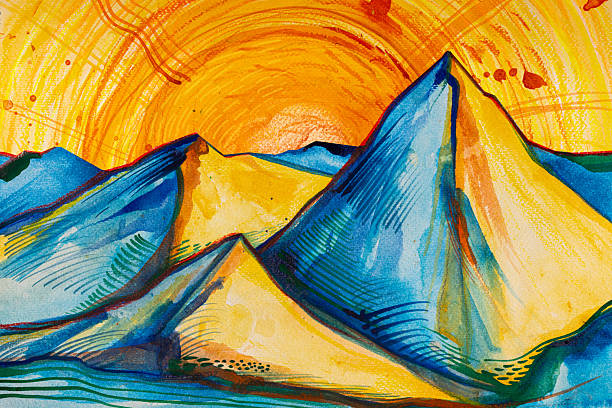 istock Intense watercolor landscape with bold sun and vivid peaks 2215094139