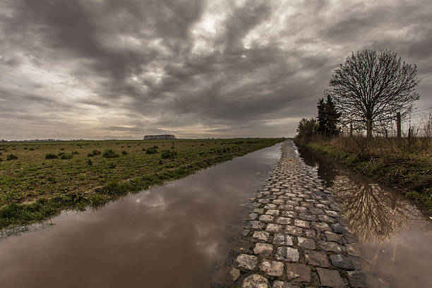 istock Rural road after rainfall. Atmospheric scene with dramatic sky reflected in water surface. Humidity due to climate change concept. 2215099284