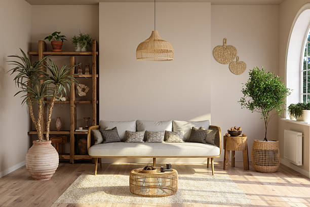 istock Boho Style Living Room With Sofa, Wicker Coffee Table, Potted Plants And Parquet Floor 2215100392
