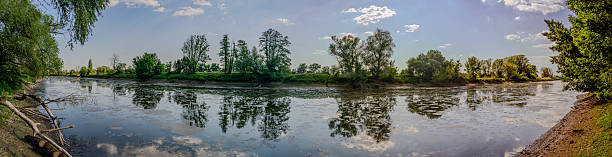 istock Serene riverbank with lush greenery and reflective waters under a clear blue sky 2215104243