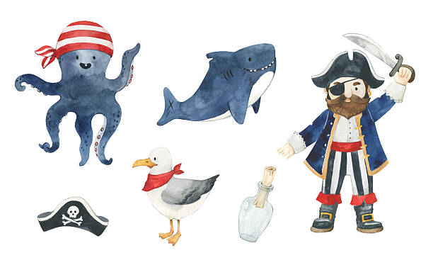 istock Pirate, octopus, shark seagull, bottle and pirate hat watercolor illustrations set. Hand drawn clipart for kids design 2215114084