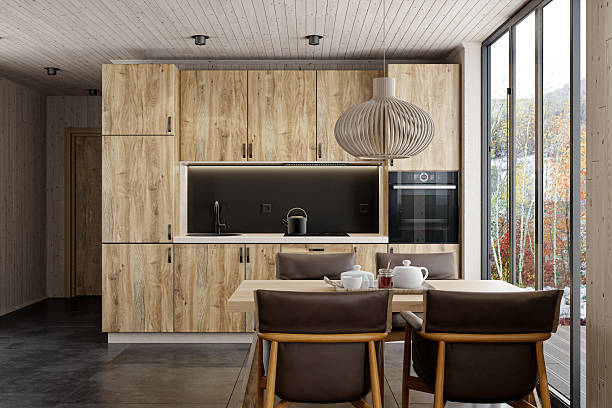 istock Modern Scandinavian Kitchen with Oak Cabinets and Floor-to-Ceiling Window 2215116958